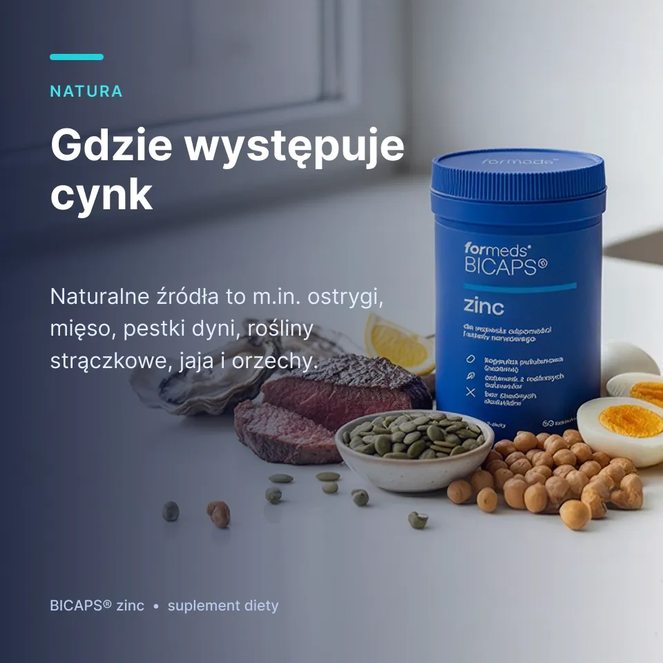 Karta: naturalne źródła cynku, słoik Bicaps Zinc wśród produktów spożywczych